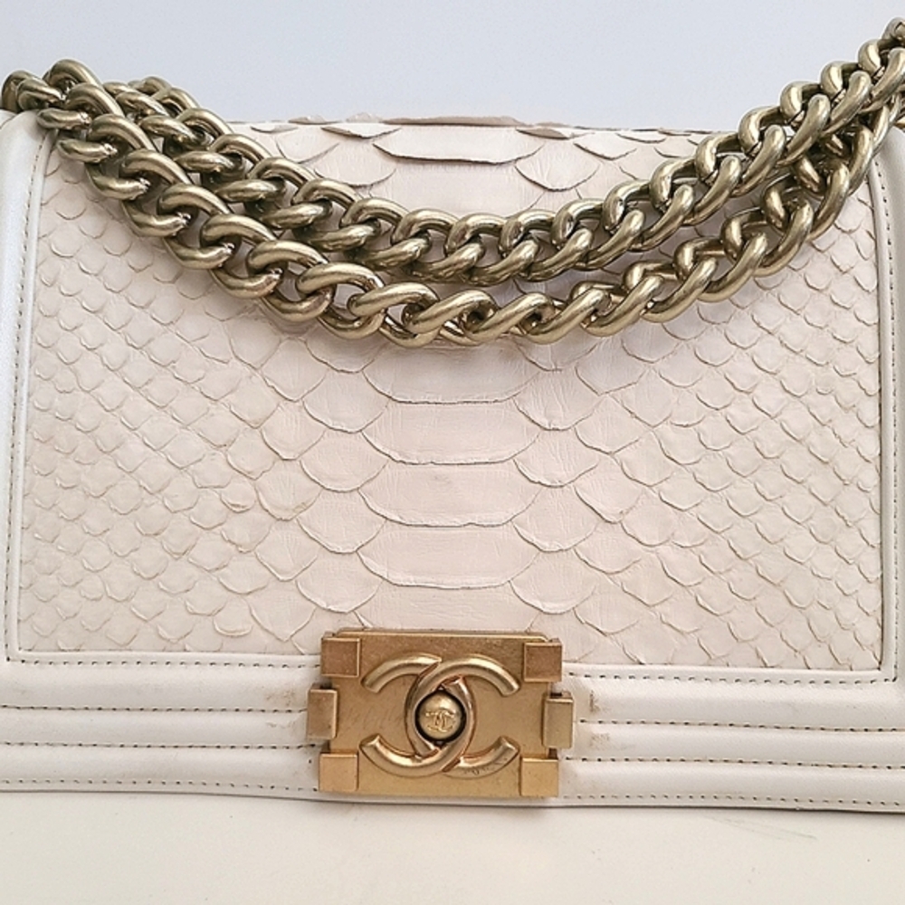 Chanel White and Gold Chain Shoulder Boy Bag